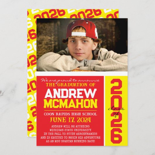 Rood & Geel Afstuderen Fotoaankondiging Kaart (Voorkant / Achterkant)