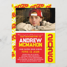 Rood & Geel Afstuderen Fotoaankondiging Kaart