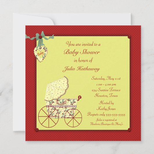 Rood geel Baby buggy Baby shower Kaart (Voorkant)