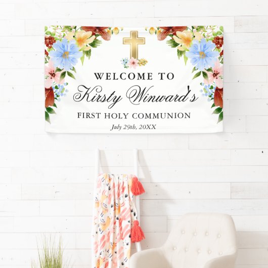 Rood, geel Blauw Bloemen 1e Heilige Communie Spandoek (Insitu)