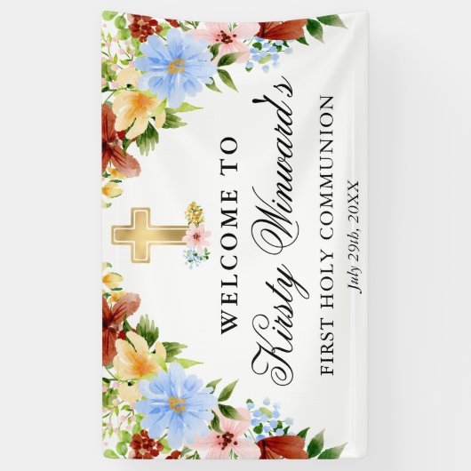 Rood, geel Blauw Bloemen 1e Heilige Communie Spandoek (Verticaal)