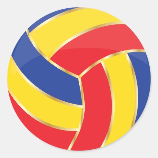 Rood, Geel, Blauw en Goud Volleybal Ronde Sticker (Voorkant)