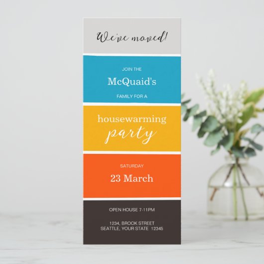 Rood Geel Blauw Huis Warming Party Uitnodiging (Staand voorkant)