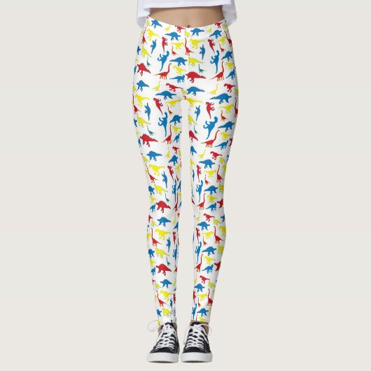 Rood geel blauw patroon dinosaurussen leggings (Voorkant)