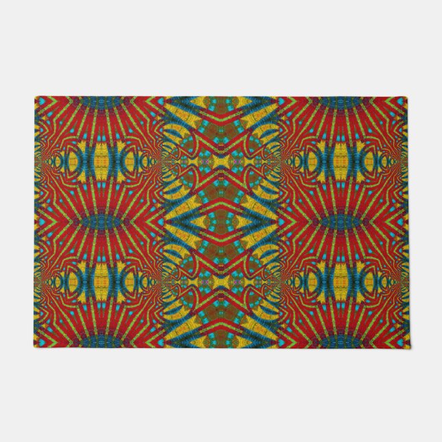 Rood Geel Blauw Turquoise Boho Veelkleurige Tribal Deurmat (Voorkant)