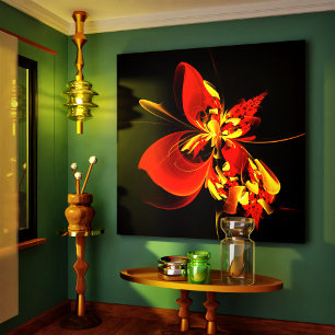 Rood Geel Bloemen Modern Abstract Kunstpatroon #10 Canvas Afdruk