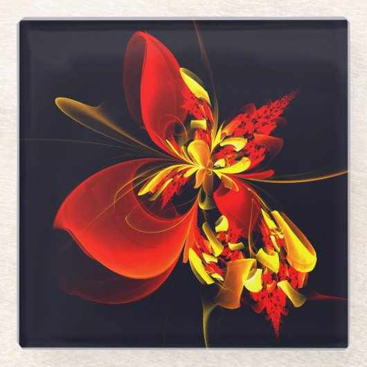 Rood Geel Bloemen Modern Abstract Kunstpatroon #10 Glazen Onderzetter (Voorkant)