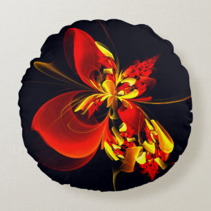 Rood Geel Bloemen Modern Abstract Kunstpatroon #10 Rond Kussen