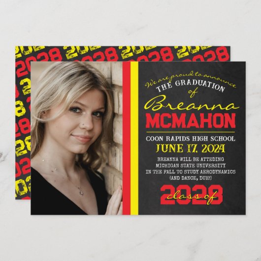 Rood & Geel Chalkboard Afstuderen Aankondiging (Voorkant / Achterkant)