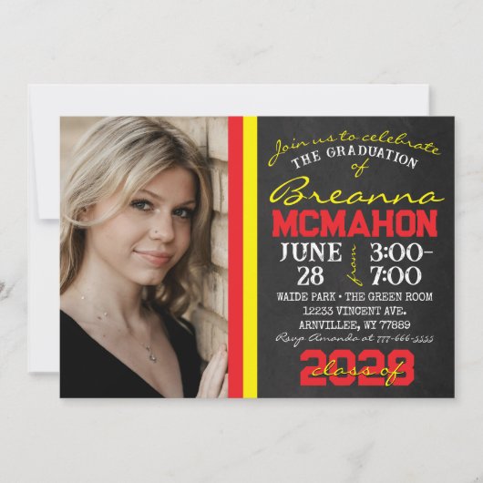 Rood & Geel Chalkboard Afstuderen Foto Kaart (Voorkant)