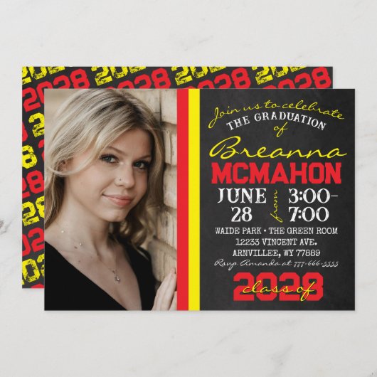 Rood & Geel Chalkboard Afstuderen Foto Kaart (Voorkant / Achterkant)