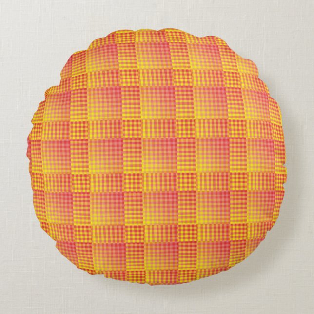 Rood Geel Dambord Abstract Patroon Rond Kussen (Voorkant)