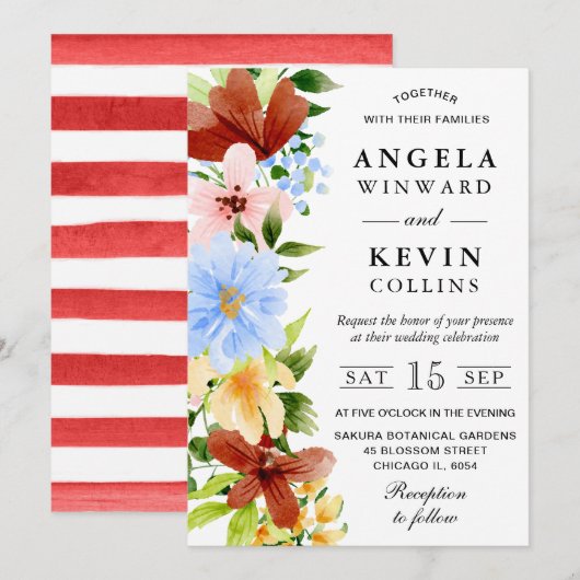Rood Geel en Blauw Boho Bloemen Bruiloft Kaart (Voorkant / Achterkant)