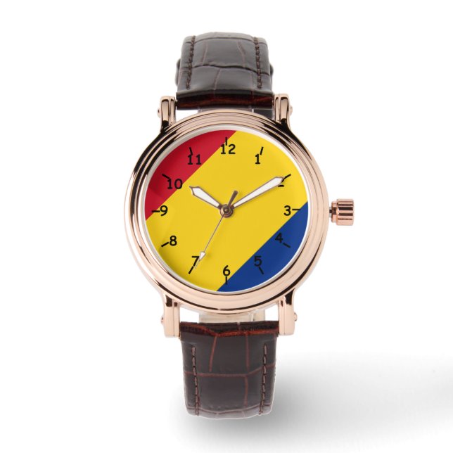 Rood geel en blauw driekleurig gestreept gezicht horloge (Voorkant)