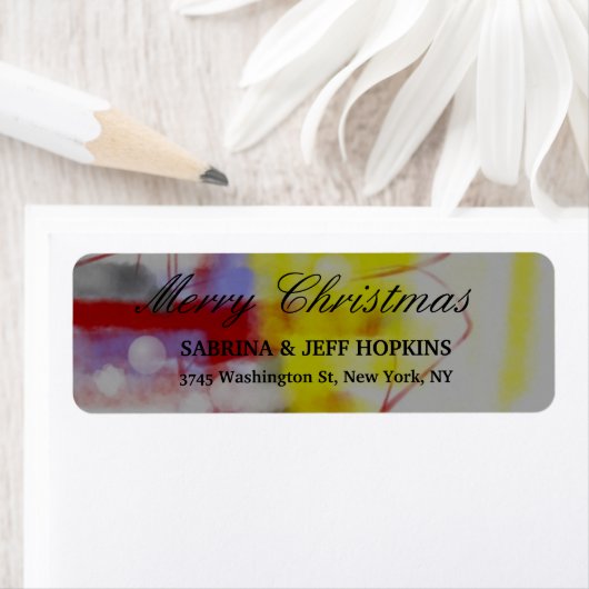 Rood Geel Grijs Vrolijk Kerstmis Bericht Familie Etiket (Insitu)