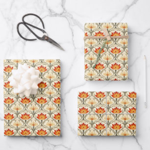 Rood / Geel / Ivoor Art Nouveau Bloemen Inpakpapier Vel