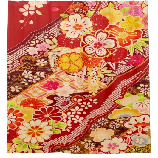  Rood Geel Japans Kimono Bloembloem Douchegordijn (Voorkant)