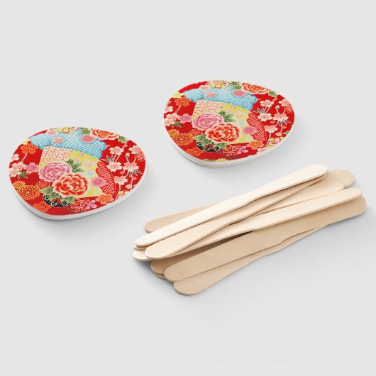  Rood Geel Japans Kimono Bloembloem Handwaaier (Niet-gemonteerd)