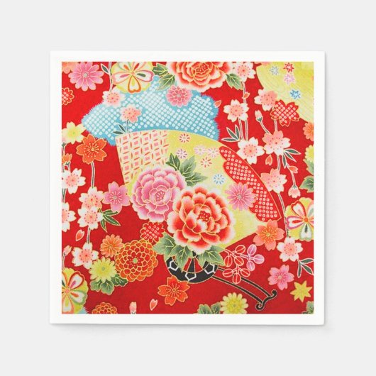 Rood Geel Japans Kimono Bloemen Decoupage Papier Servet (Voorkant)