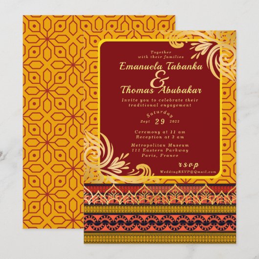 Rood & Geel Kente Bruiloft Uitnodiging Gouden Desi (Voorkant / Achterkant)