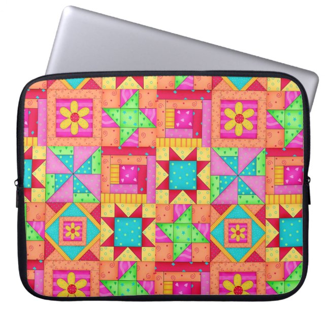Rood Geel Kleurrijk Patchwork Block Quilt Art Laptop Sleeve (Voorkant)