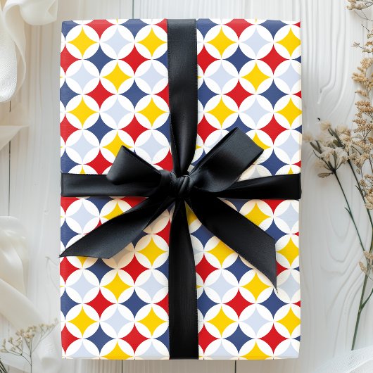 Rood Geel Navy Geometrisch Diamond Patroon Cadeaupapier