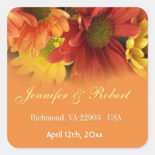 Rood, geel, oranje bruinbloemen bruiloft vierkante sticker (Voorkant)