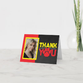 Rood & geel Pawprint Afstuderen 2 foto vouwen Bedankkaart