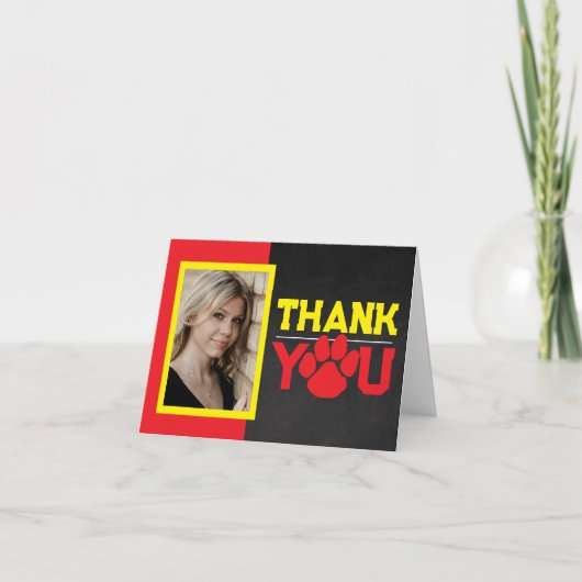 Rood & geel Pawprint Afstuderen 2 foto vouwen Bedankkaart (Voorkant)