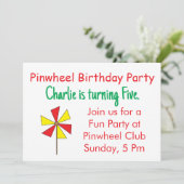 Rood Geel Pinwheel Kids Verjaardagsfeestje Kaart (Staand voorkant)