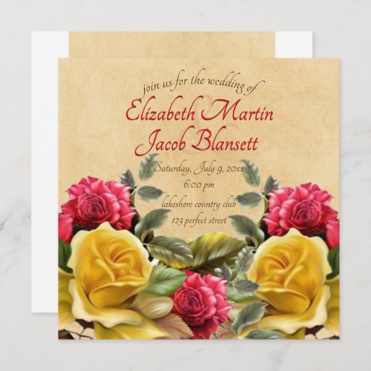  rood & geel rozen bloemenbruiloft, vierkant kaart (Voorkant / Achterkant)