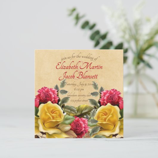  rood & geel rozen bloemenbruiloft, vierkant kaart (Staand voorkant)