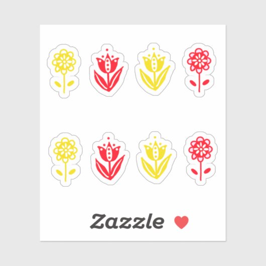 Rood Geel Scandi Folk Stijl Bloemen Sticker (Vel)
