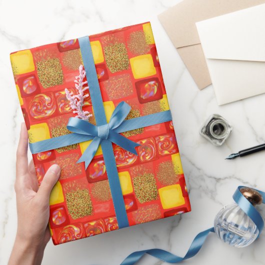 Rood & Geel Vierkant Faus Glitter Opal Cadeaupapier (Geschenken)