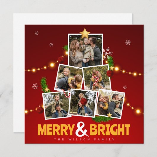 Rood & Geel Vrolijk en Helder Familie Fotocollage Feestdagenkaart (Voorkant / Achterkant)