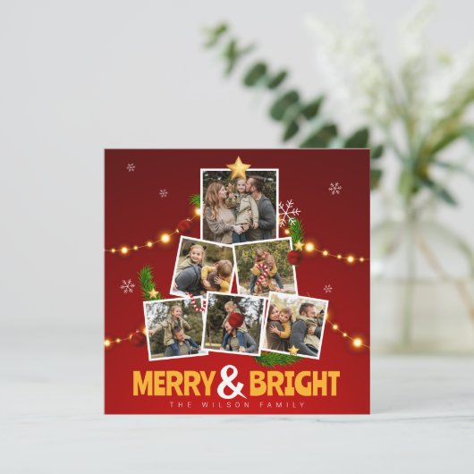 Rood & Geel Vrolijk en Helder Familie Fotocollage Feestdagenkaart (Staand voorkant)