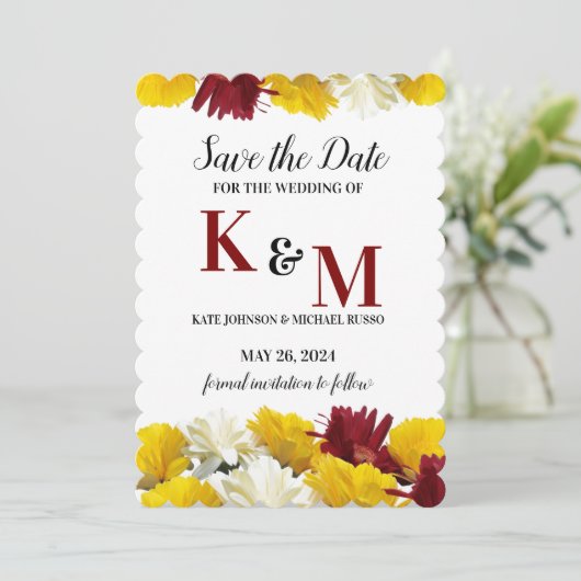 Rood Geel Wit Gerbera Daisy Floral Save The Date (Staand voorkant)
