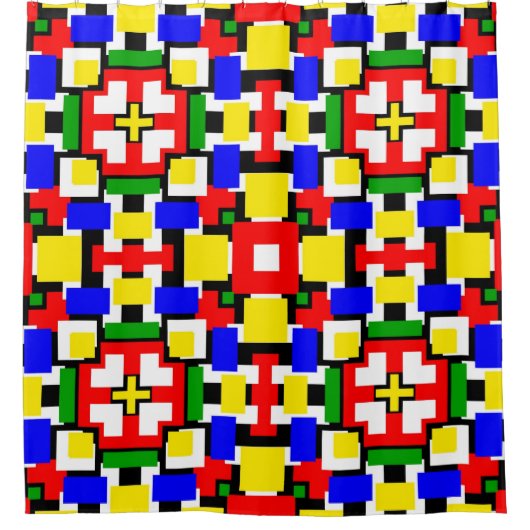 Rood, geel, zwart, blauw en groen douchegordijn (Voorkant)