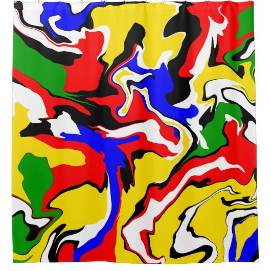 Rood, geel, zwart, blauw en groen douchegordijn (Voorkant)