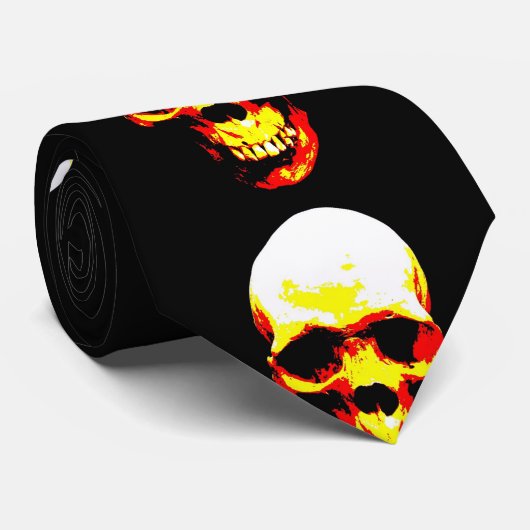 Rood, Geel, Zwart Schedel Pop Art Stropdas (Opgerold)