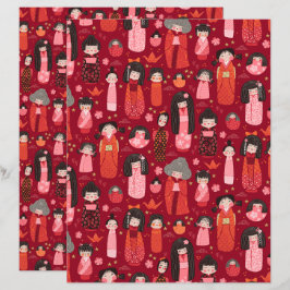 Rood geïllustreerd Japans Kokeshi plakboek papier