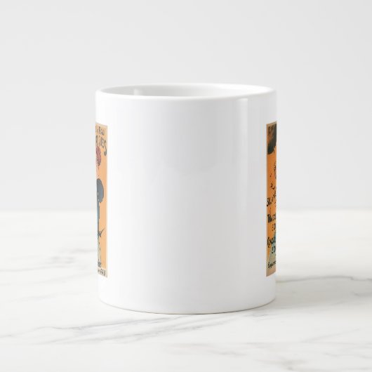 Rood-geleide vrouw wacht op Poster vogels op ballo Grote Koffiekop (Voorkant)