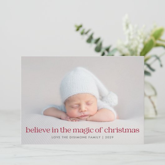 Rood Geloof In De Magie Van Kerstfoto Feestdagenkaart (Staand voorkant)