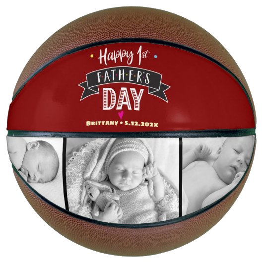 Rood Gelukkig 1e Vaderdag 3 Foto Vet Typografie Basketbal (Voorkant)