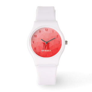 Rood geometrisch maaspatroon Monogram Horloge