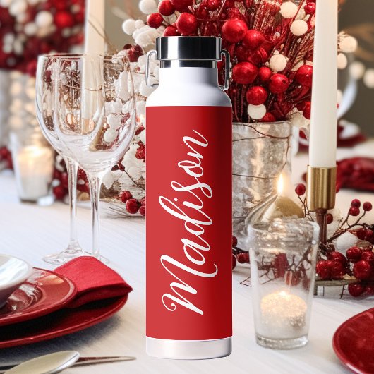 Rood Gepersonaliseerde Naam in Chic White Script Waterfles