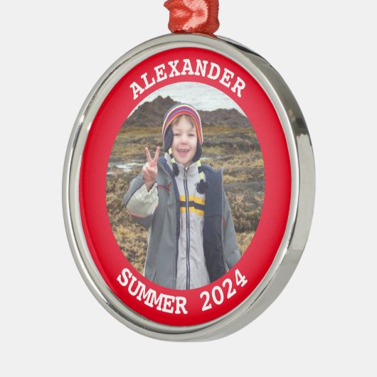 Rood Gepersonaliseerde Ronde Familie Foto Metalen Ornament (Links)