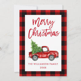 Rood geplakt kerstpenseel  vrachtwagen feestdagenkaart