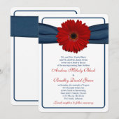 Rood Gerber Daisy Navy Ribbon Wedding Uitnodiging (Voorkant / Achterkant)