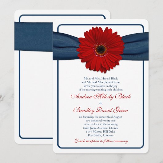 Rood Gerber Daisy Navy Ribbon Wedding Uitnodiging (Voorkant / Achterkant)